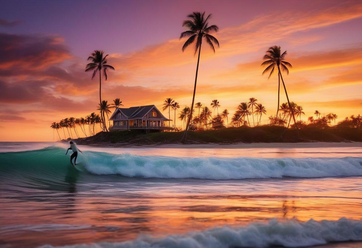A serene beach scene depicting a surfer riding a wave, with a backdrop of palm trees and a dreamy sunset. In the foreground, a stack of coins and a small house model symbolize budgeting and mortgages. The composition should blend the excitement of surfing with financial themes, creating a harmonious balance. vibrant colors. super-realistic.